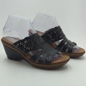 Natural Soul Black Laser Cut Floral Wedge Slide Sandals Comfort Boho Vacation